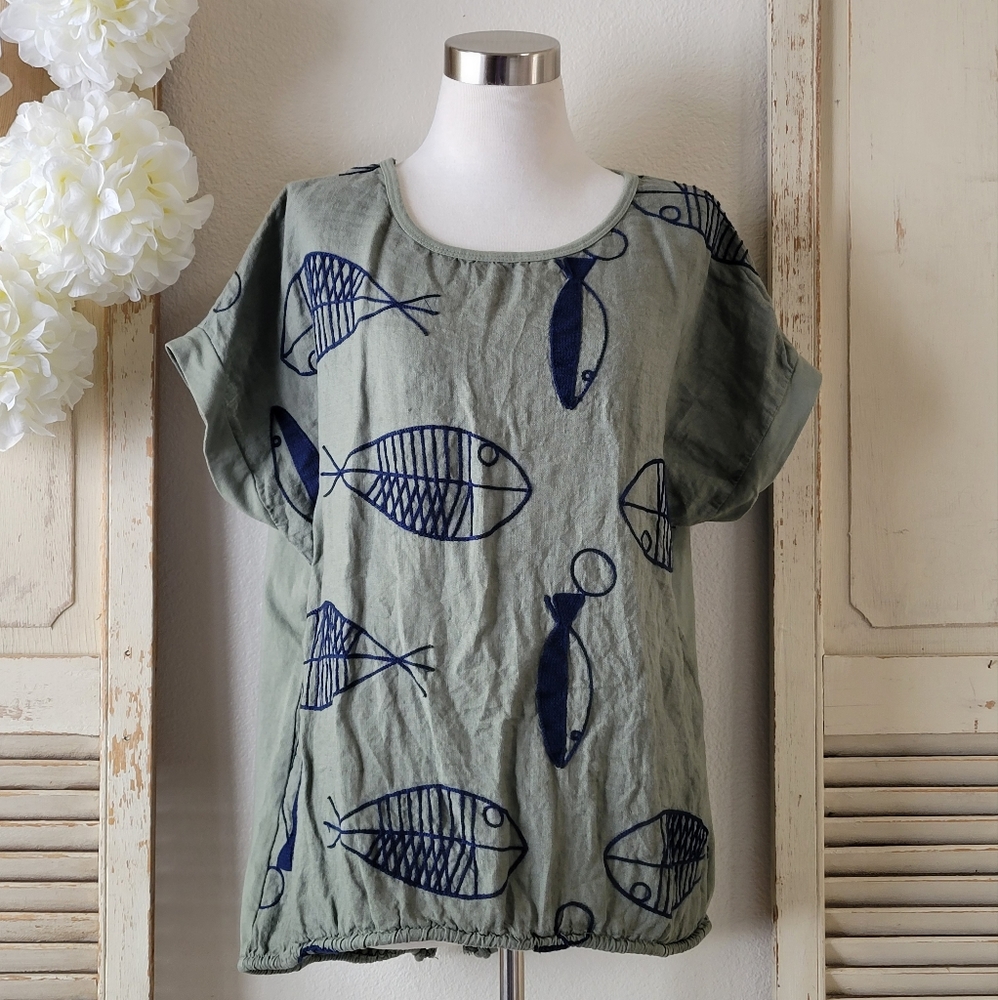 Meo Meli linen embroidered fish embroidered top women's size medium